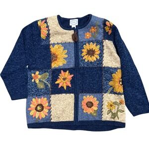 VTG Stitches In Time‎ Womens 1X Sunflower Patchwork Zip Cardigan Sweater Floral